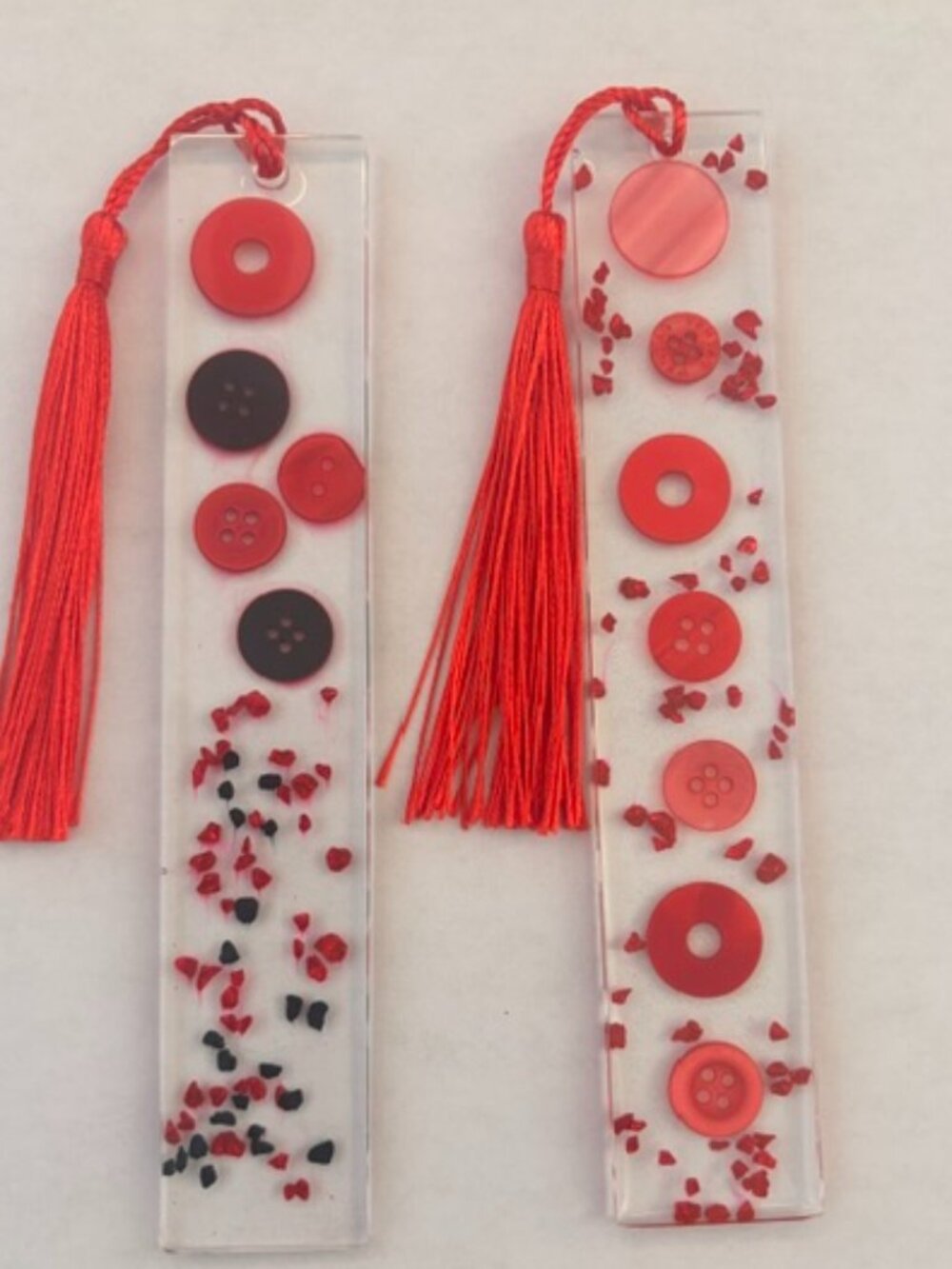 Handcrafted Red Button & Gem Resin Bookmarks with Tassels – Set of 2